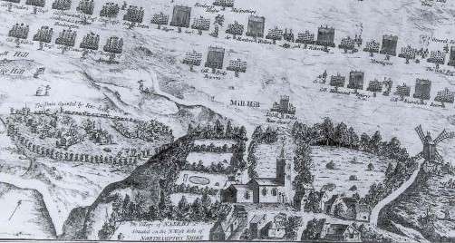 In the shadow of battle: the village of Naseby and the baggage train, detail from a contemporary plan of the battle, 1645